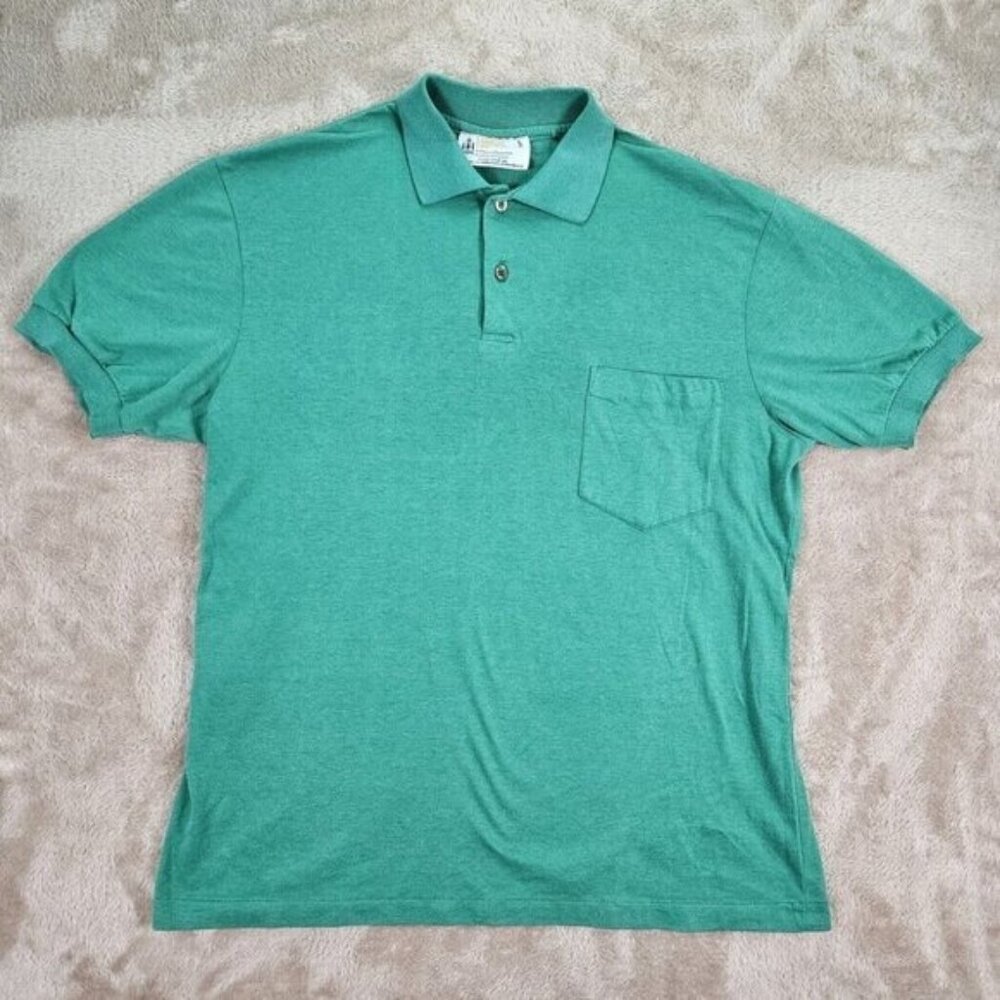 VTG London Fog Polo Shirt Made in Canada Green Pocket Golf Short Sleeve Mens L